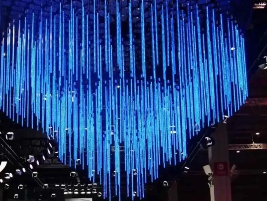 A chandelier of vertical pixel tubes